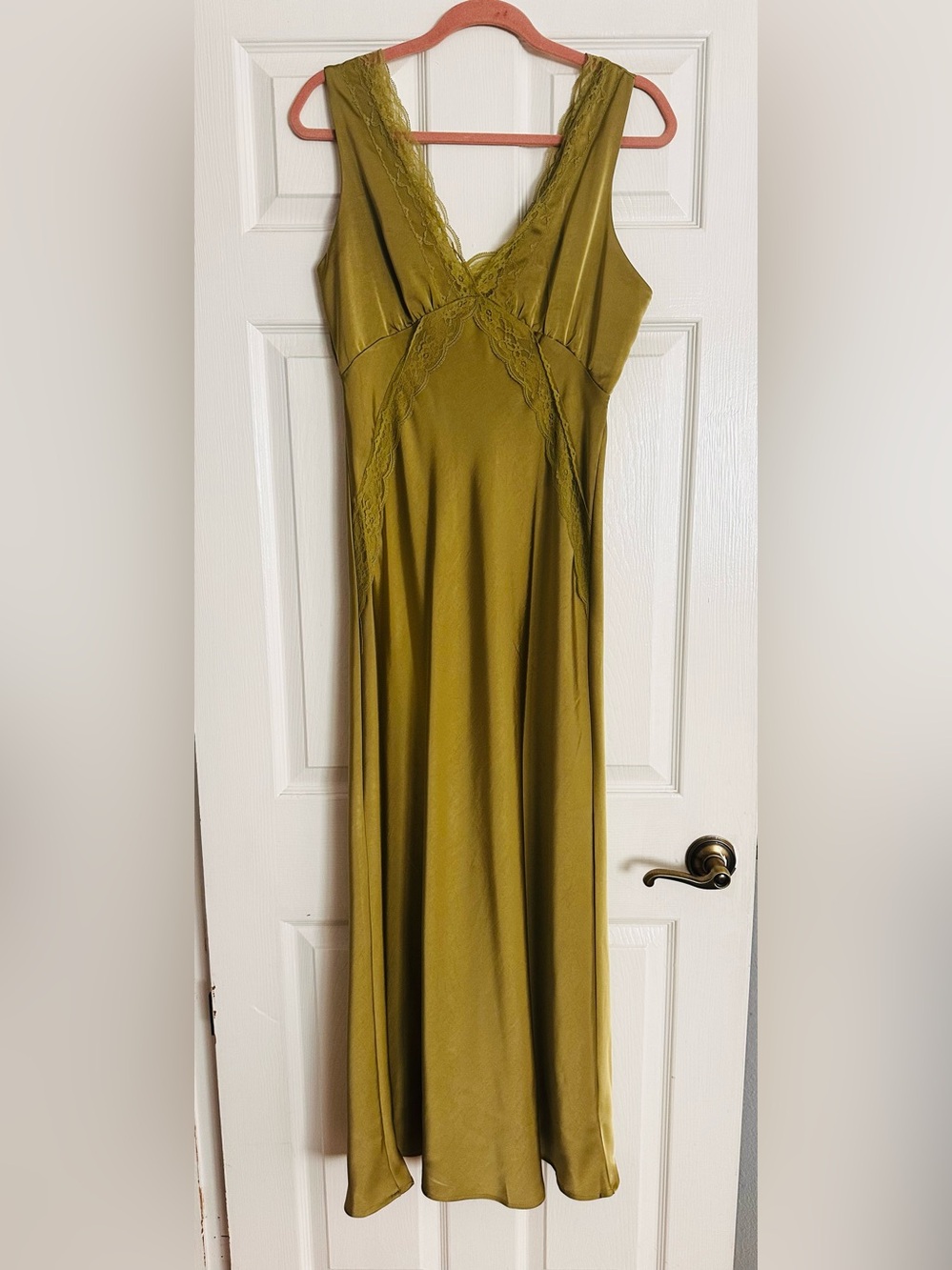 Olive Green Lace-Trim V-Neck Maxi Dress for Juniors